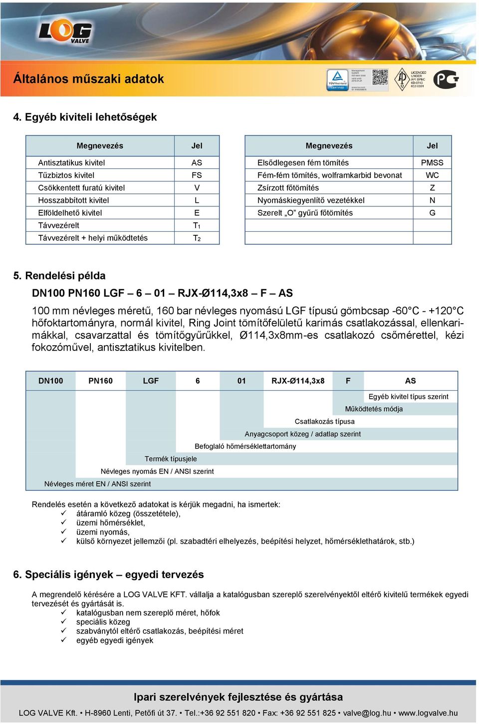 működtetés AS FS V L E T1 T2 Elsődlegesen fém tömítés Fém-fém tömítés, wolframkarbid bevonat Zsírzott főtömítés Nyomáskiegyenlítő vezetékkel Szerelt O gyűrű főtömítés PMSS WC Z N G 5.