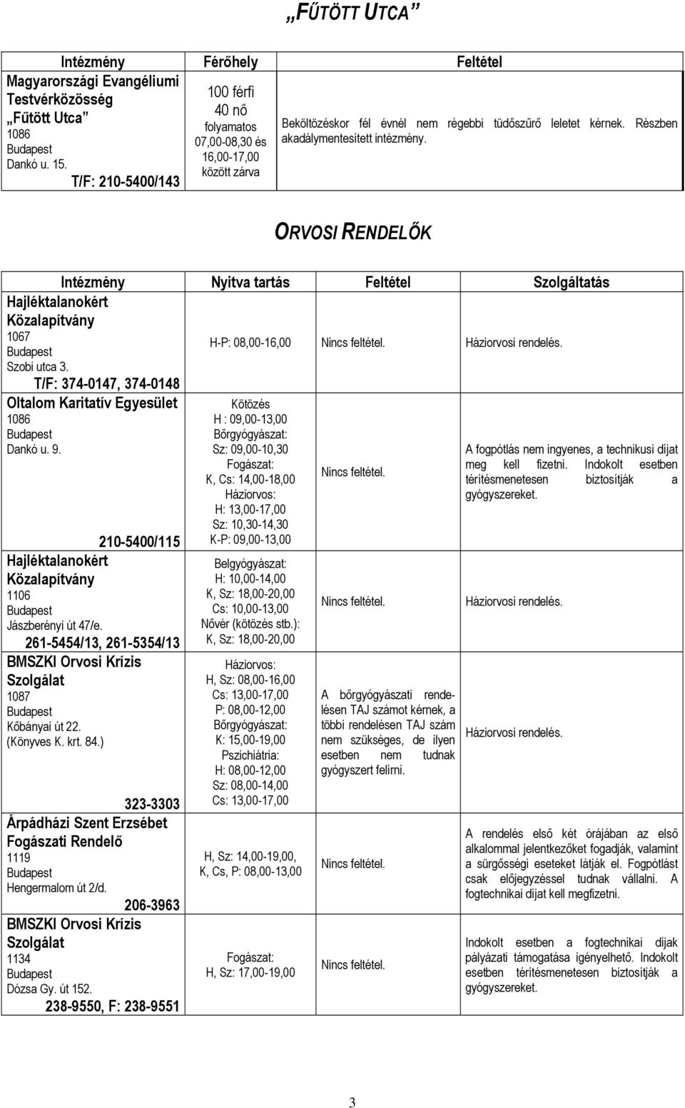 ORVOSI RENDELŐK Intézmény Nyitva tartás Feltétel Szolgáltatás Közalapítvány Szobi utca 3. 08,00-16,00 Nincs feltétel. Háziorvosi rendelés. T/F: 374-0147, 374-0148 Oltalom Karitatív Egyesület Dankó u.