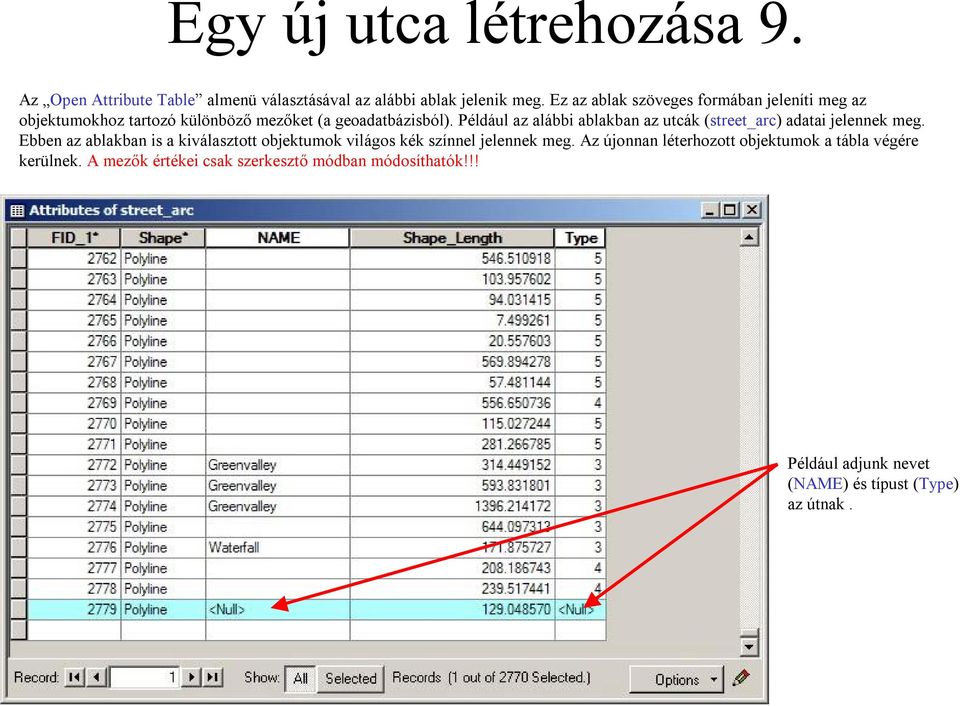 Például az alábbi ablakban az utcák (street_arc) adatai jelennek meg.