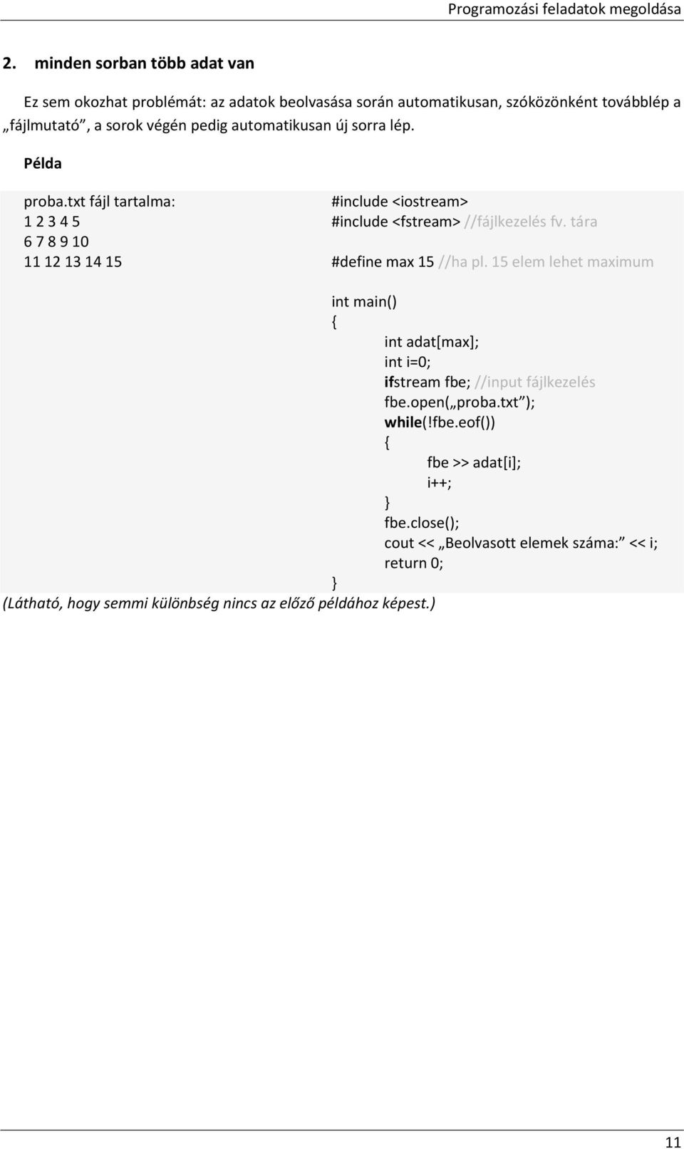 tára 6 7 8 9 10 11 12 13 14 15 #define max 15 //ha pl. 15 elem lehet maximum int main() int adat[max]; int i=0; ifstream fbe; //input fájlkezelés fbe.