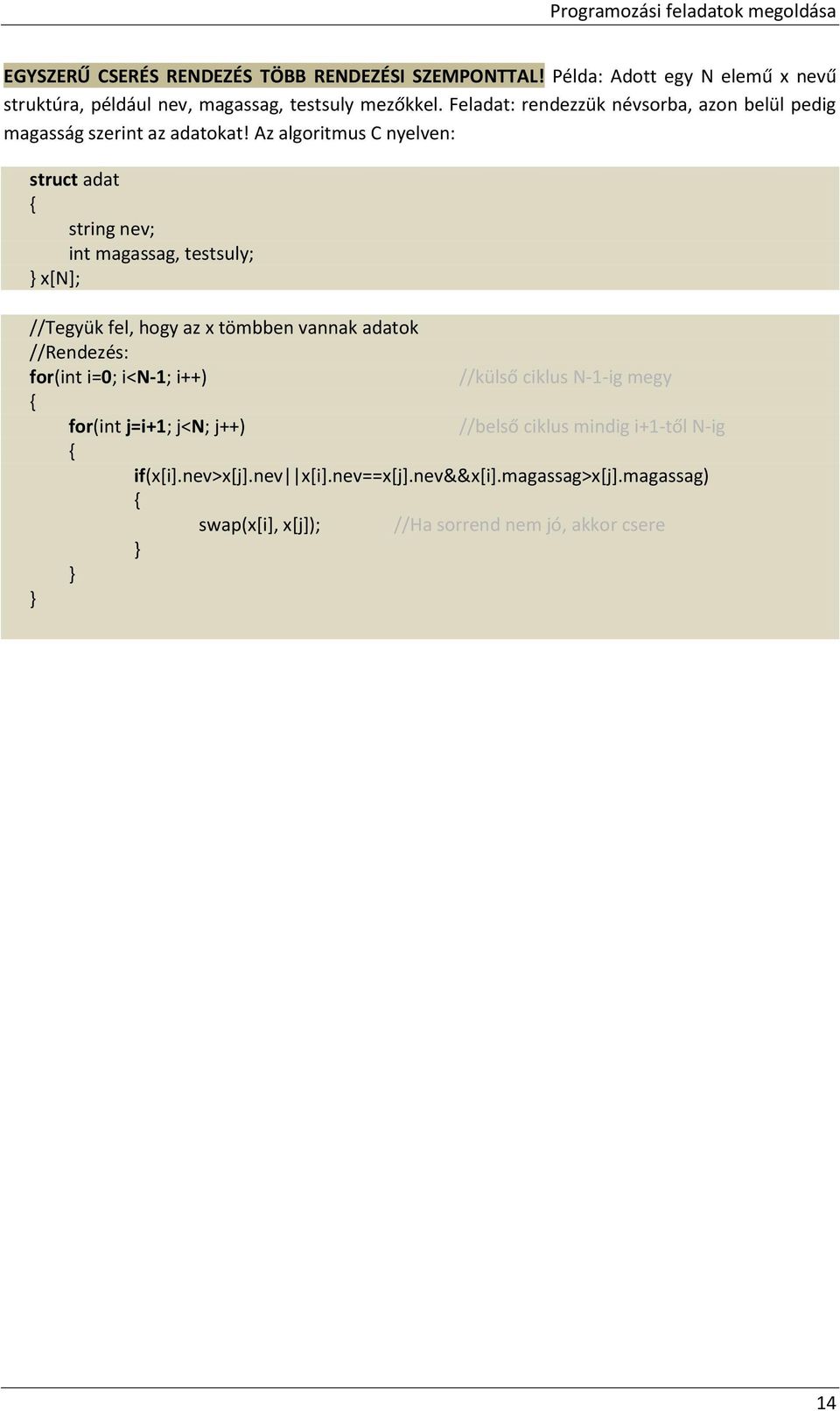 Az algoritmus C nyelven: struct adat string nev; int magassag, testsuly; x[n]; //Tegyük fel, hogy az x tömbben vannak adatok //Rendezés: for(int