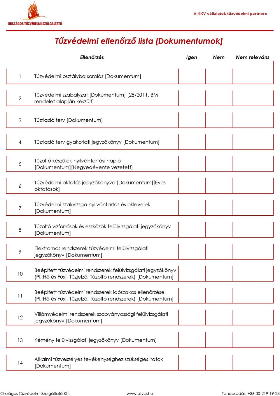 7 Tűzvédelmi szakvizsga nyilvántartás és oklevelek 8 Tűzoltó vízforrások és eszközök felülvizsgálati jegyzőkönyv 9 Elektromos rendszerek tűzvédelmi felülvizsgálati jegyzőkönyv 10 Beépített tűzvédelmi