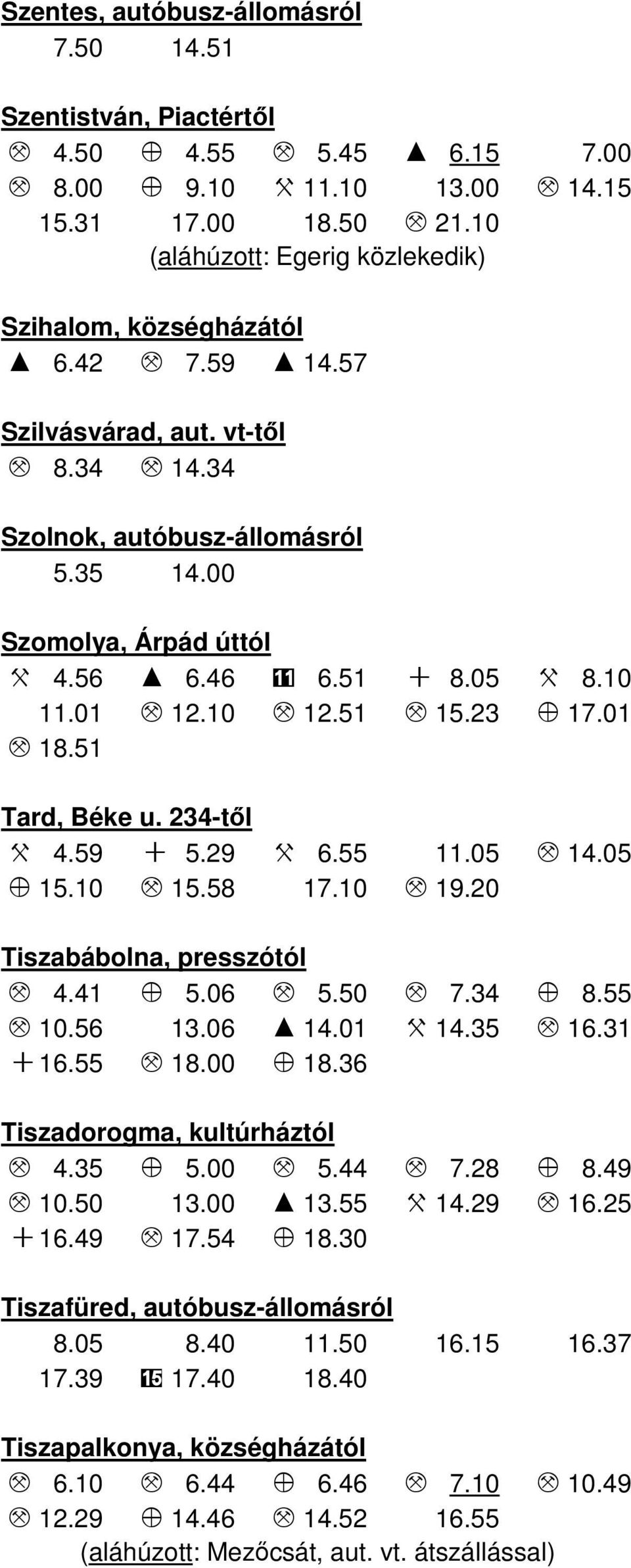 46 11 6.51 + 8.05 X 8.10 11.01 M 12.10 M 12.51 M 15.23 Z 17.01 M 18.51 Tard, Béke u. 234-től X 4.59 + 5.29 X 6.55 11.05 M 14.05 Z 15.10 M 15.58 17.10 M 19.20 Tiszabábolna, presszótól M 4.41 Z 5.