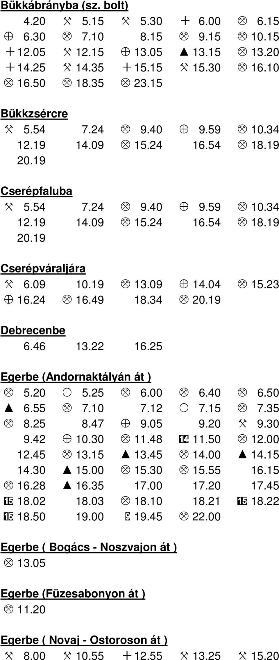 09 10.19 M 13.09 Z 14.04 M 15.23 Z 16.24 M 16.49 18.34 M 20.19 Debrecenbe 6.46 13.22 16.25 Egerbe (Andornaktályán át ) M 5.20 O 5.25 M 6.00 M 6.40 M 6.50 I 6.55 M 7.10 7.12 O 7.15 M 7.35 M 8.25 8.