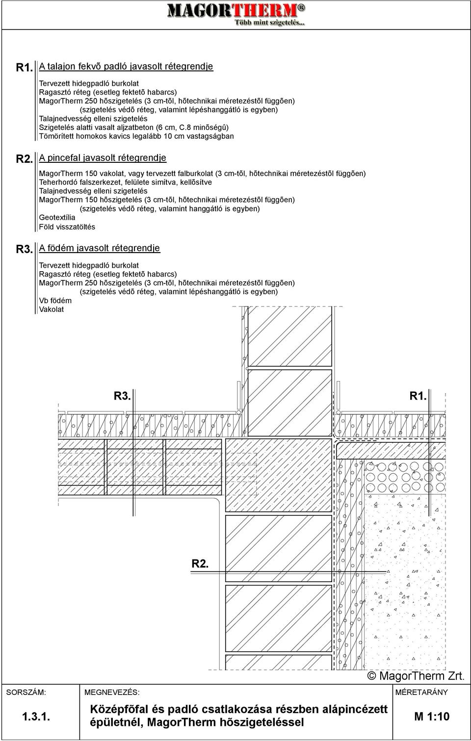 8 minõségû) Tömörített homokos kavics legalább 10 cm vastagságban A pincefal javasolt rétegrendje MagorTherm 150 vakolat, vagy tervezett falburkolat (3 cm-tõl, hõtechnikai méretezéstõl függõen)
