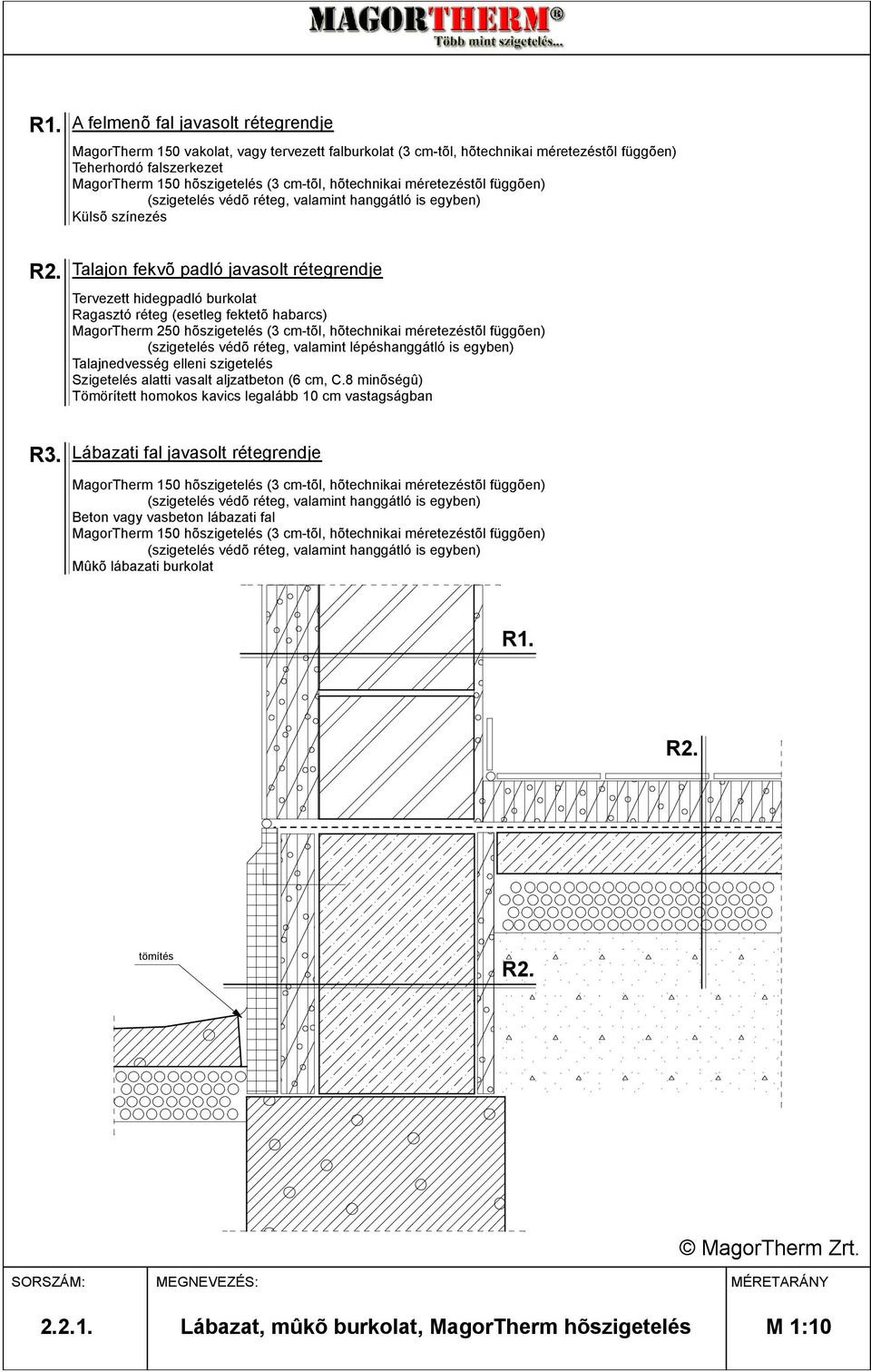 fektetõ habarcs) MagorTherm 250 hõszigetelés (3 cm-tõl, hõtechnikai méretezéstõl függõen) (szigetelés védõ réteg, valamint lépéshanggátló is egyben) Talajnedvesség elleni szigetelés Szigetelés alatti