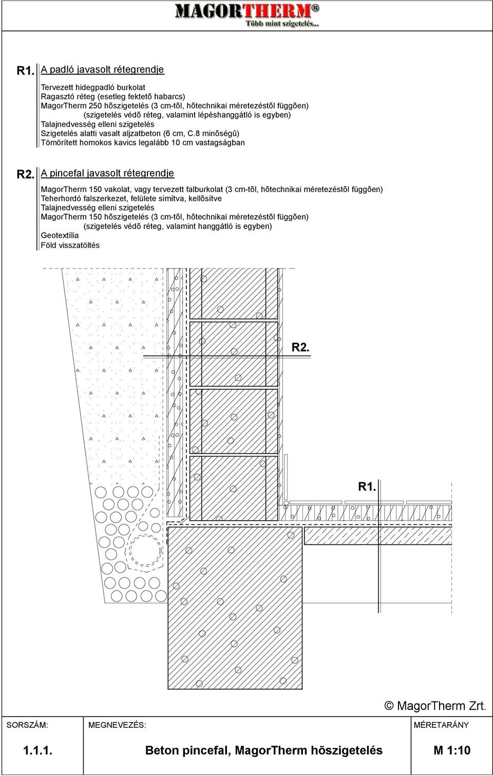 8 minõségû) Tömörített homokos kavics legalább 10 cm vastagságban A pincefal javasolt rétegrendje MagorTherm 150 vakolat, vagy tervezett falburkolat (3 cm-tõl, hõtechnikai méretezéstõl függõen)