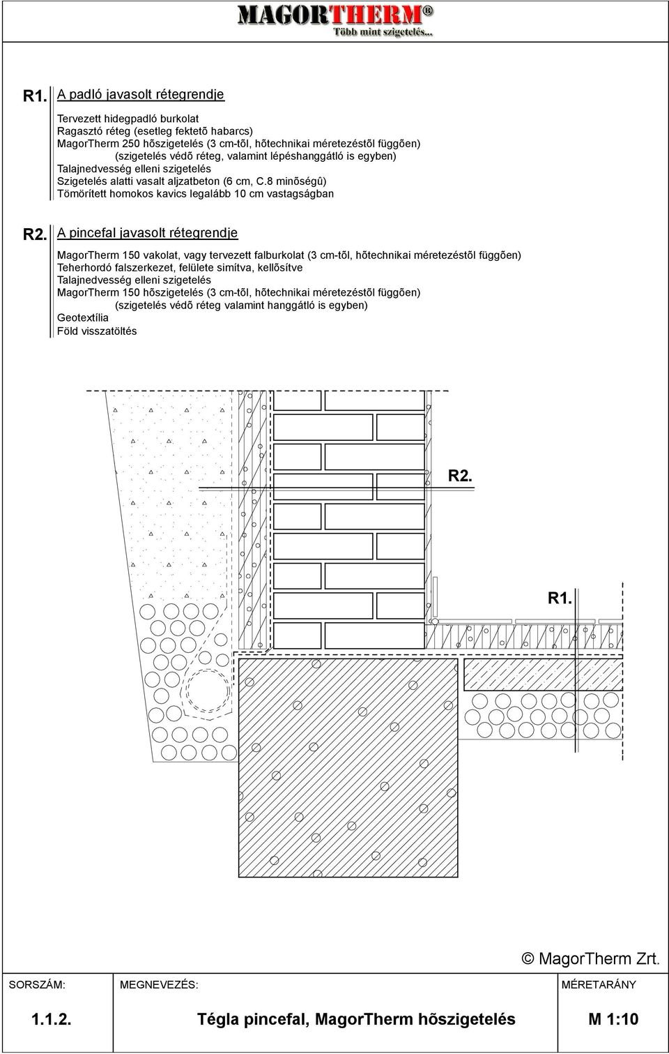 8 minõségû) Tömörített homokos kavics legalább 10 cm vastagságban A pincefal javasolt rétegrendje MagorTherm 150 vakolat, vagy tervezett falburkolat (3 cm-tõl, hõtechnikai méretezéstõl függõen)