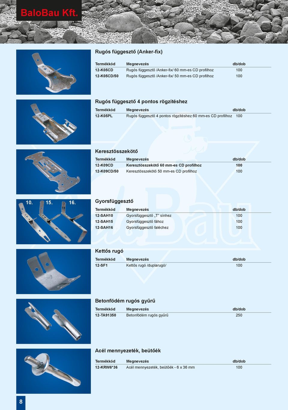 rögzítéshez 12-K05PL Rugós függesztő 4 pontos rögzítéshez 60 mm-es CD profilhoz 100 Keresztösszekötő 12-K09CD Keresztösszekötő 60 mm-es CD profilhoz 100 12-K09CD/50 Keresztösszekötő