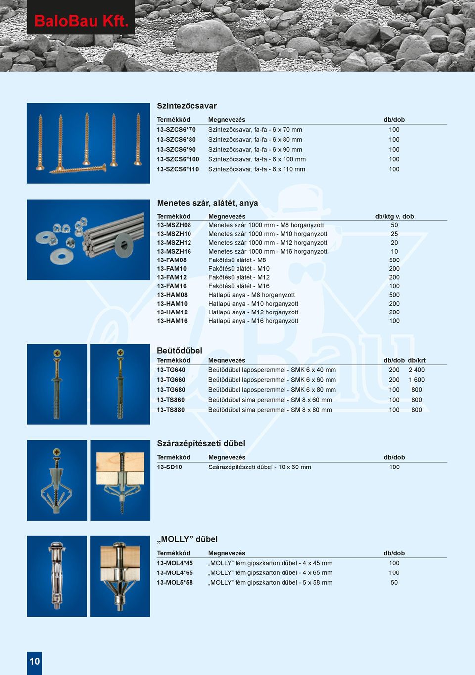 - 6 x 100 mm 100 13-SZCS6*110 Szintezőcsavar, fa-fa - 6 x 110 mm 100 Menetes szár, alátét, anya db/ktg v.