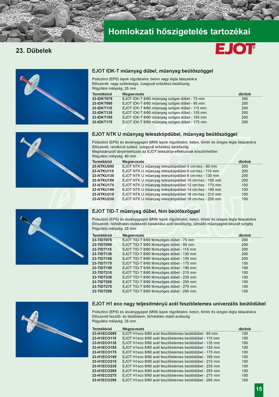 25 mm 23-IDKT075 EJOT IDK-T 8/60 műanyag szöges dűbel - 75 mm 200 23-IDKT095 EJOT IDK-T 8/60 műanyag szöges dűbel - 95 mm 200 23-IDKT115 EJOT IDK-T 8/60 műanyag szöges dűbel - 115 mm 200 23-IDKT135
