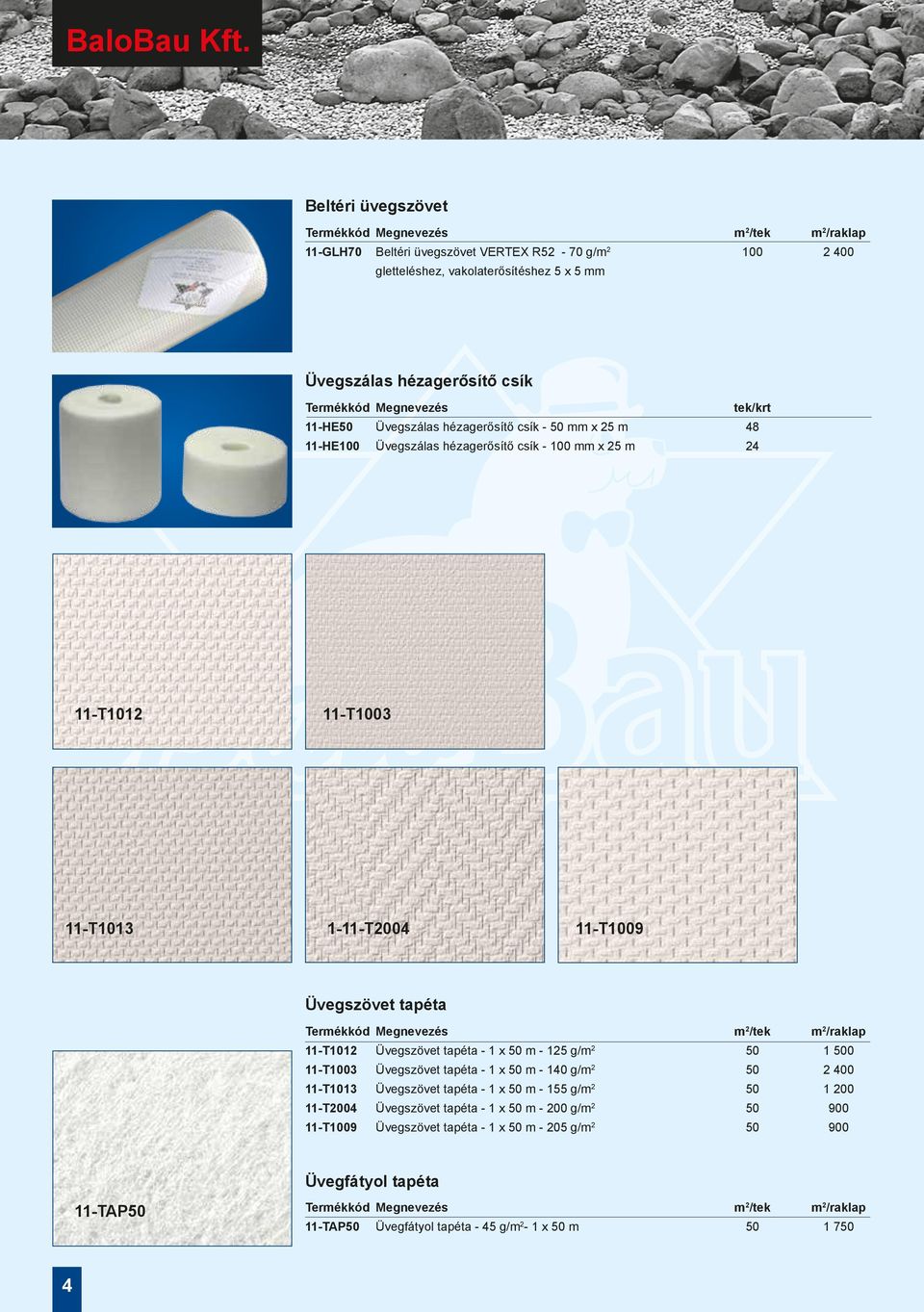 hézagerősítő csík - 50 mm x 25 m 48 11-HE100 Üvegszálas hézagerősítő csík - 100 mm x 25 m 24 11-T1012 11-T1003 11-T1013 1-11-T2004 11-T1009 Üvegszövet tapéta m 2 /tek m 2 /raklap 11-T1012