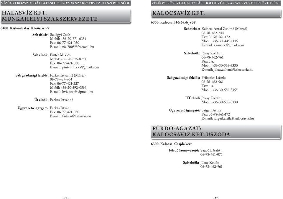 com Szb gazdasági felelős: Farkas Istvánné (Márta) 06-77-429-904 Fax: 06-77-421-227 Mobil: +36-20-592-0596 E-mail: hviz.stat@vipmail.