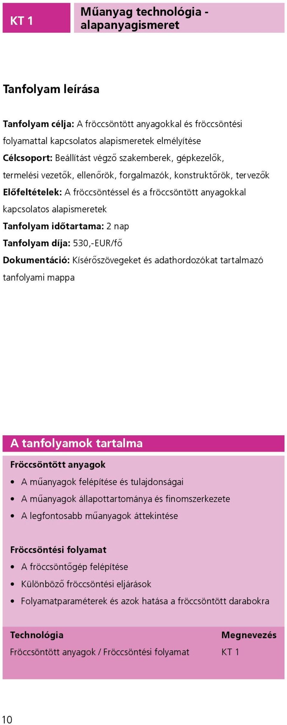 időtartama: 2 nap Tanfolyam díja: 530,-EUR/fő Dokumentáció: Kísérőszövegeket és adathordozókat tartalmazó tanfolyami mappa A tanfolyamok tartalma Fröccsöntött anyagok m an agok felépítése és tula