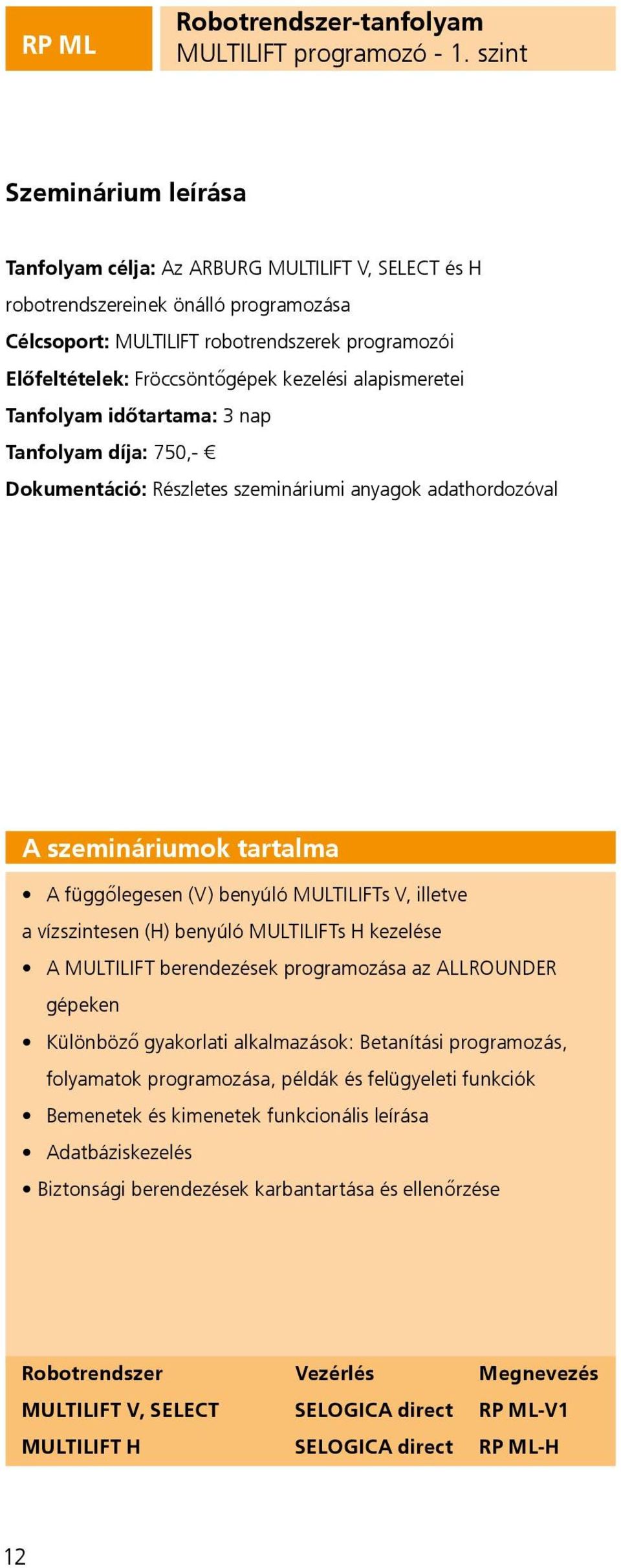 kezelési alapismeretei Tanfolyam időtartama: 3 nap Tanfolyam díja: 750,- Dokumentáció: Részletes szemináriumi anyagok adathordozóval A szemináriumok tartalma A függőlegesen (V) benyúló MULTILIFTs V,