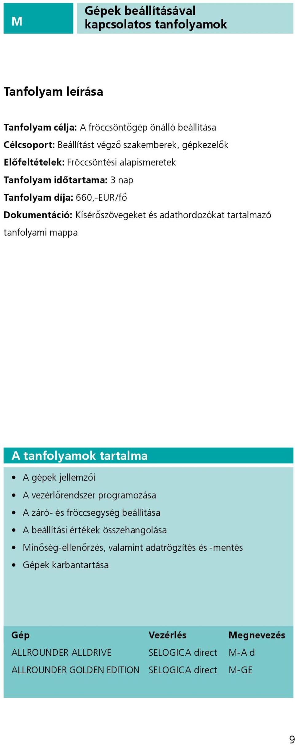 tartalmazó tanfolyami mappa A tanfolyamok tartalma A gépek ellemzői A vezérlőrendszer programozása A záró- és fröccsegység beállítása A beállítási értékek