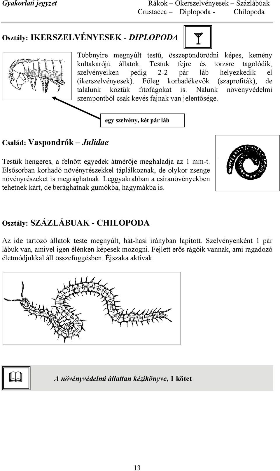 Nálunk növényvédelmi szempontból csak kevés fajnak van jelentősége. egy szelvény, két pár láb Család: Vaspondrók Julidae Testük hengeres, a felnőtt egyedek átmérője meghaladja az 1 mm-t.