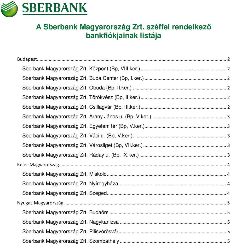 ker.)...... Sberbank Magyarország Zrt. Váci u. (Bp, V.ker.)... Sberbank Magyarország Zrt. Városliget (Bp, VII.ker.)... Sberbank Magyarország Zrt. Ráday u. (Bp, IX.ker.)... Kelet-Magyarország.