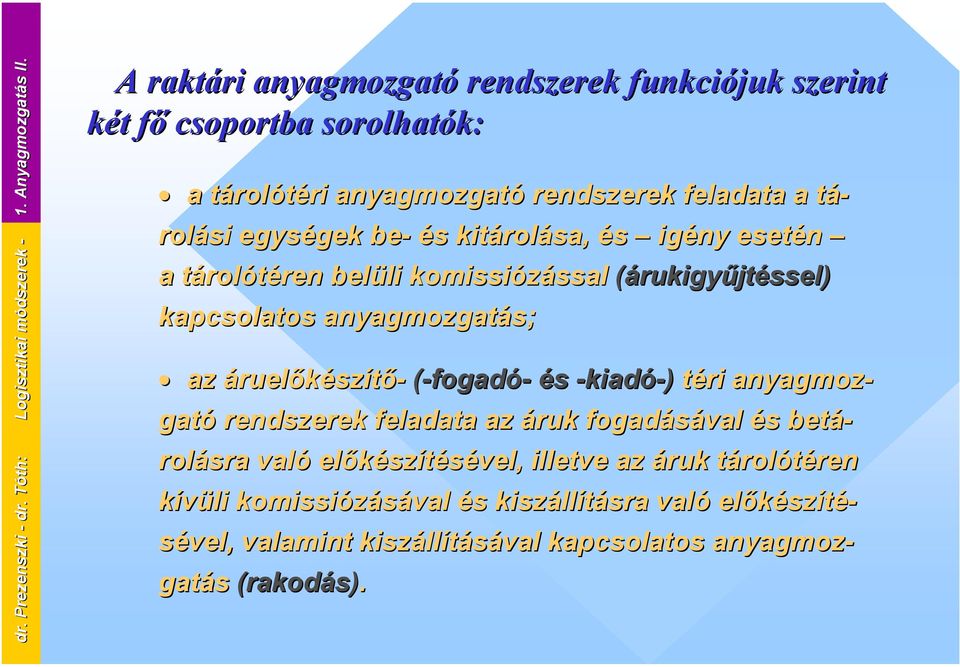 tá- rolási egységek be- és kitárolása, és igény esetén a tárolótéren belüli komissiózással (árukigyűjtéssel) kapcsolatos anyagmozgatás; az áruelőkészítő-