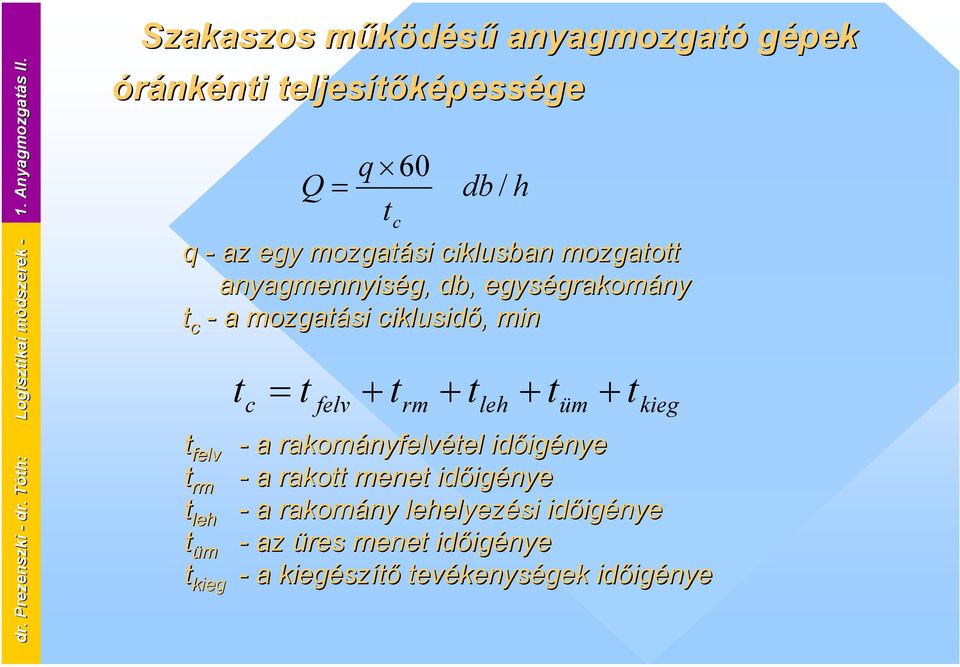 mozgatott anyagmennyiség, db, egységrakomány t c - a mozgatási ciklusidő, min t felv t rm t leh t üm t kieg t = t + t + t +