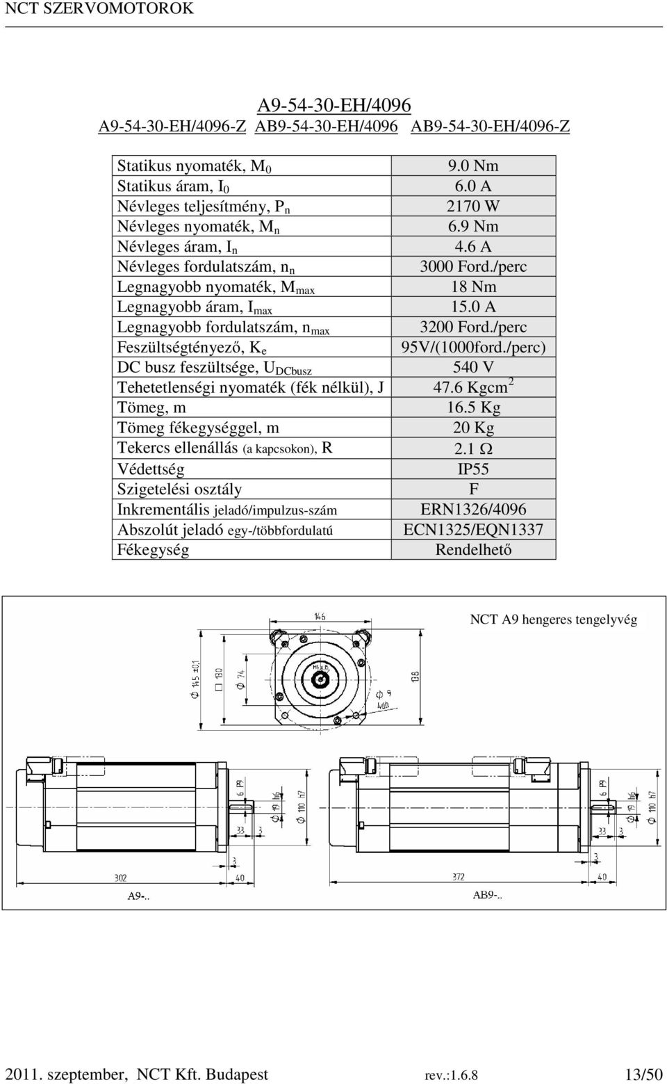 /perc eszültségtényező, K e 95V/(1000ford./perc) DC busz feszültsége, U DCbusz 540 V Tehetetlenségi nyomaték (fék nélkül), J 47.6 Kgcm 2 Tömeg, m 16.