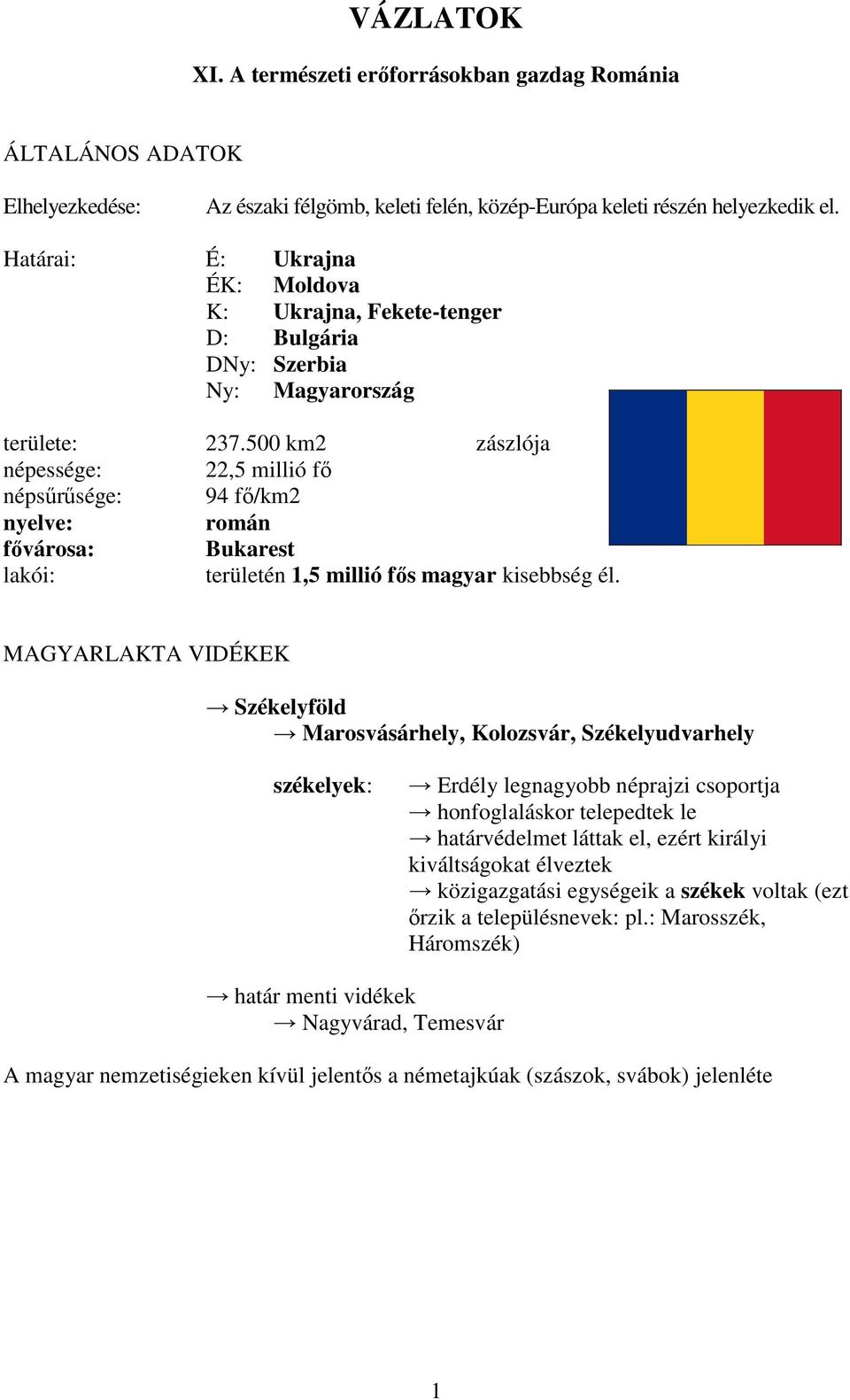 500 km2 zászlója népessége: 22,5 millió fő népsűrűsége: 94 fő/km2 nyelve: román fővárosa: Bukarest lakói: területén 1,5 millió fős magyar kisebbség él.