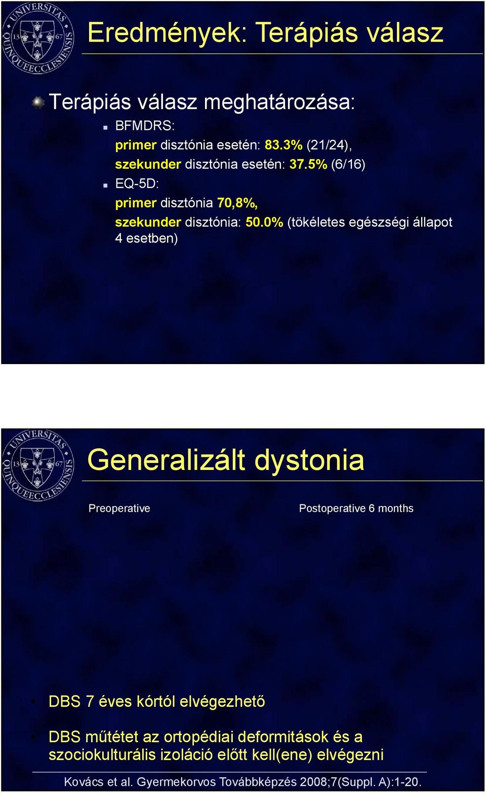0% (tökéletes egészségi állapot 4 esetben) Generalizált dystonia Preoperative Postoperative 6 months DBS 7 éves kórtól