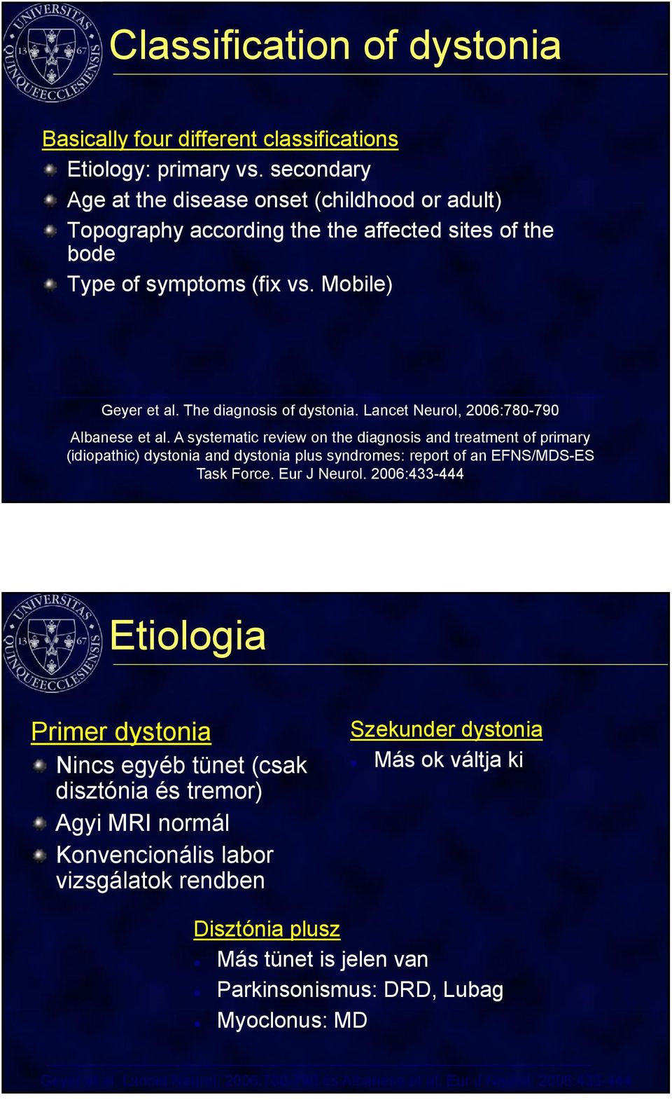 Lancet Neurol, 2006:780-790 Albanese et al. A systematic review on the diagnosis and treatment of primary (idiopathic) dystonia and dystonia plus syndromes: report of an EFNS/MDS-ES Task Force.