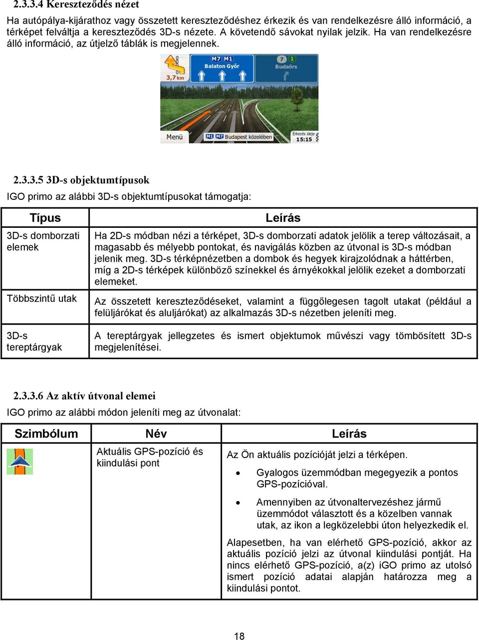 3.5 3D-s objektumtípusok IGO primo az alábbi 3D-s objektumtípusokat támogatja: Típus 3D-s domborzati elemek Többszintű utak Leírás Ha 2D-s módban nézi a térképet, 3D-s domborzati adatok jelölik a