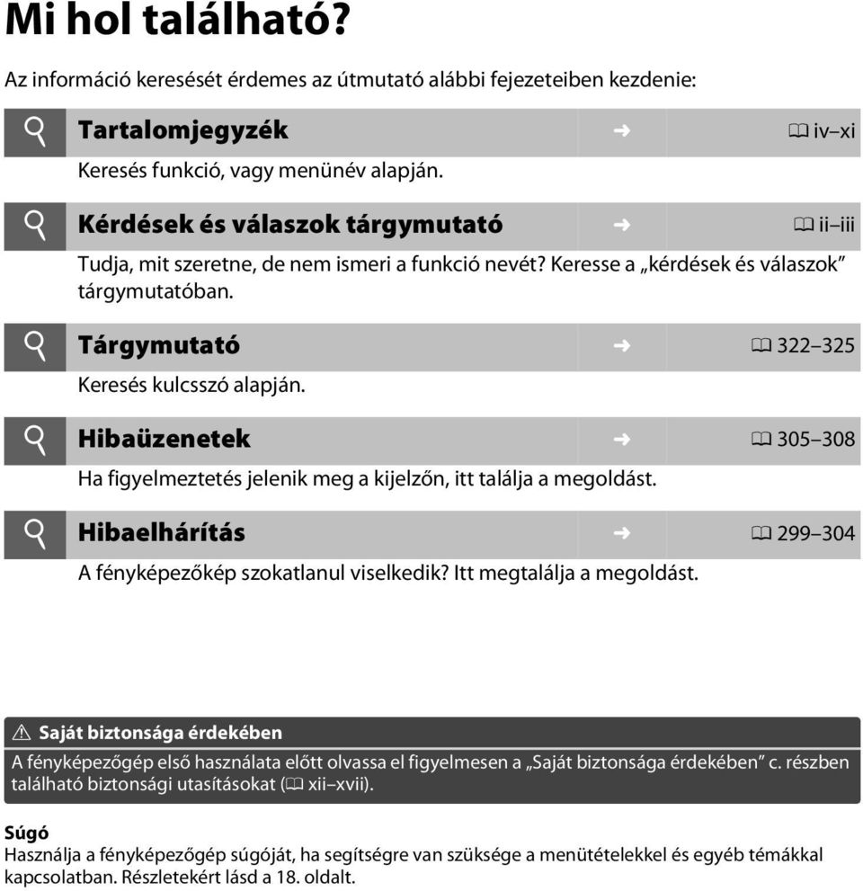 Hibaüzenetek 0 305 308 Ha figyelmeztetés jelenik meg a kijelzőn, itt találja a megoldást. Hibaelhárítás 0 299 304 A fényképezőkép szokatlanul viselkedik? Itt megtalálja a megoldást.