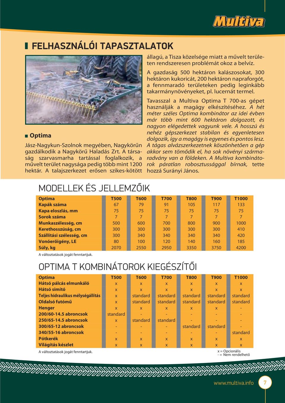 A talajszerkezet erősen szikeskötött MODELLEK ÉS JELLEMZ IK Optima Kapák száma Kapa eloszlás, mm Sorok száma Munkaszélesség, cm Kerethosszúság, cm Szállítási szélesség, cm Vonóerőigény, LE Súly, kg A
