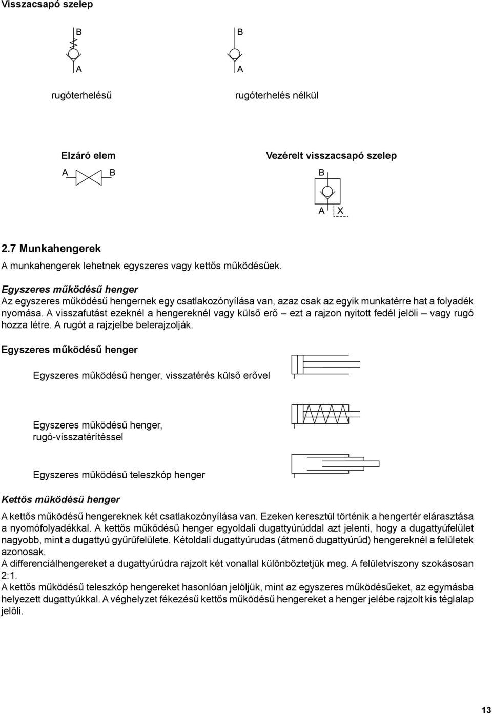 A visszafutást ezeknél a hengereknél vagy külső erő ezt a rajzon nyitott fedél jelöli vagy rugó hozza létre. A rugót a rajzjelbe belerajzolják.