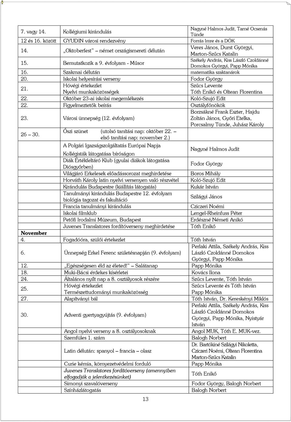 Szakmai délután matematika szaktanárok 20. Iskolai helyesírási verseny Fodor György 21. Hóvégi értekezlet Szűcs Levente Nyelvi munkaközösségek Tóth Enikő és Oltean Florentina 22.