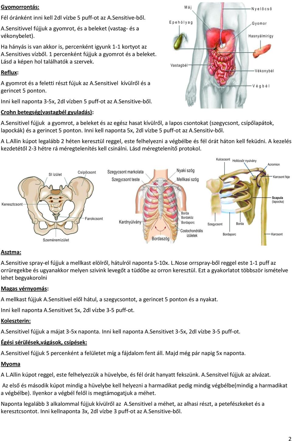 Reflux: A gyomrot és a feletti részt fújuk az A.Sensitivel kívülről és a gerincet 5 ponton. Inni kell naponta 3-5x, 2dl vízben 5 puff-ot az A.Sensitive-ből. Crohn betegség(vastagbél gyuladás): A.