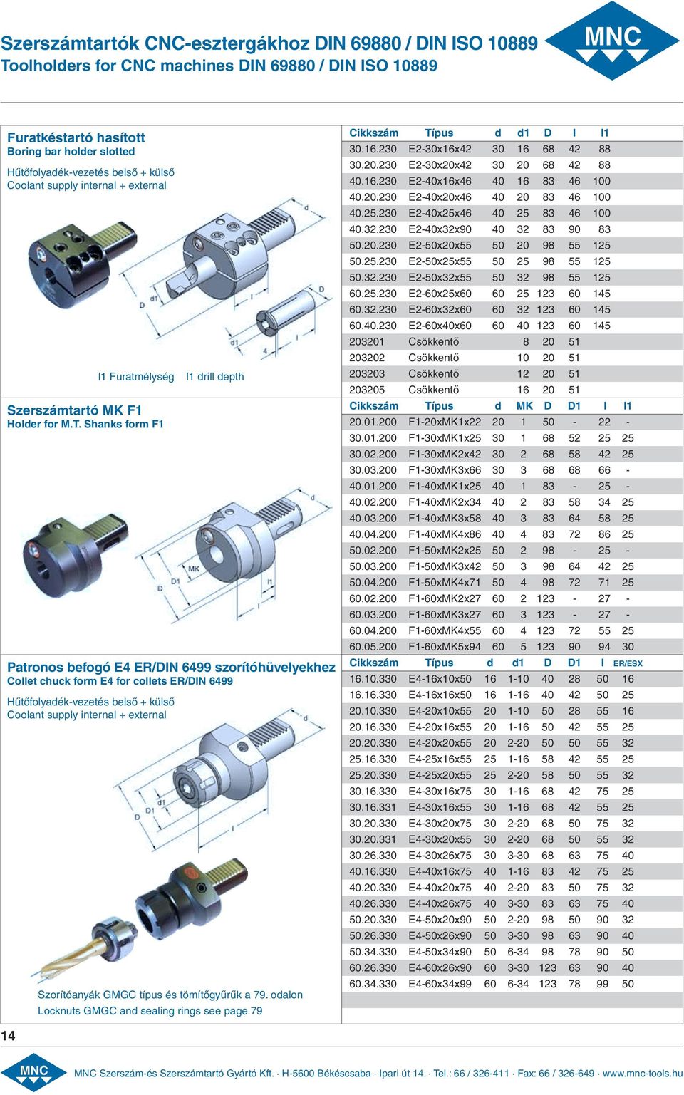 Shanks form F1 Patronos befogó E4 ER/DIN 6499 szorítóhüvelyekhez Collet chuck form E4 for collets ER/DIN 6499 Hűtőfolyadék-vezetés belső + külső Coolant supply internal + external l1 drill depth