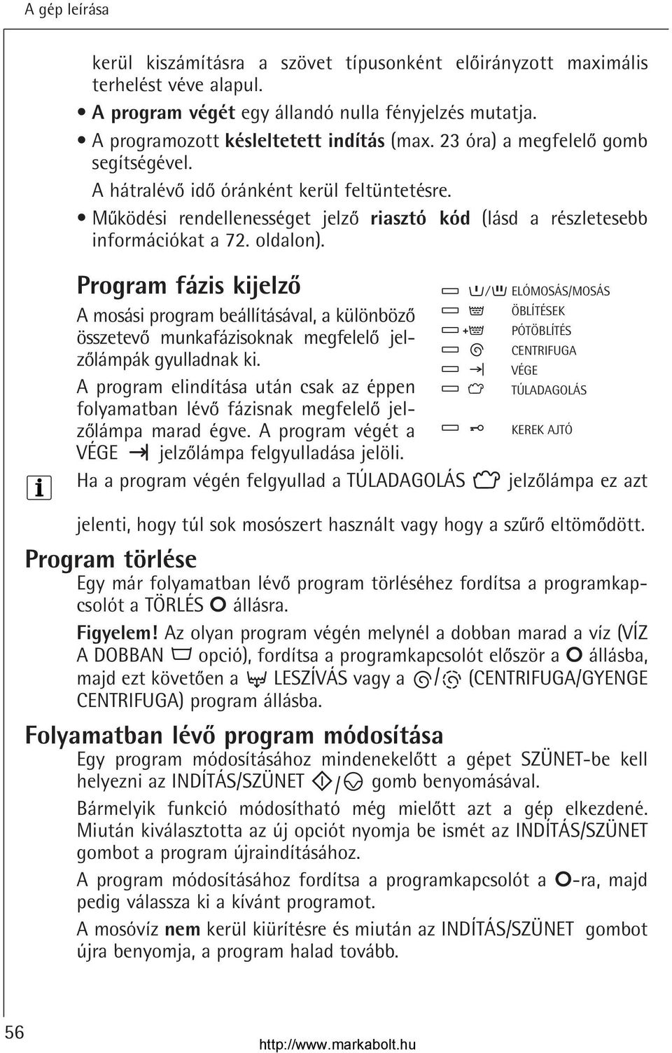 Program fázis kijelzo A mosási program beállításával, a különbözo összetevo munkafázisoknak megfelelo jelzolámpák gyulladnak ki.