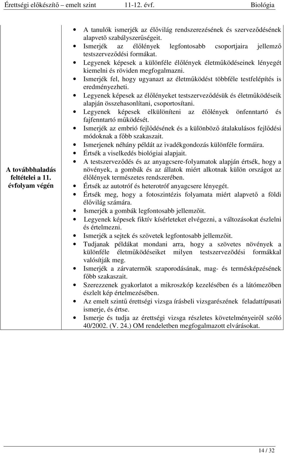 Ismerjék fel, hogy ugyanazt az életműködést többféle testfelépítés is eredményezheti. Legyenek képesek az élőlényeket testszerveződésük és életműködéseik alapján összehasonlítani, csoportosítani.