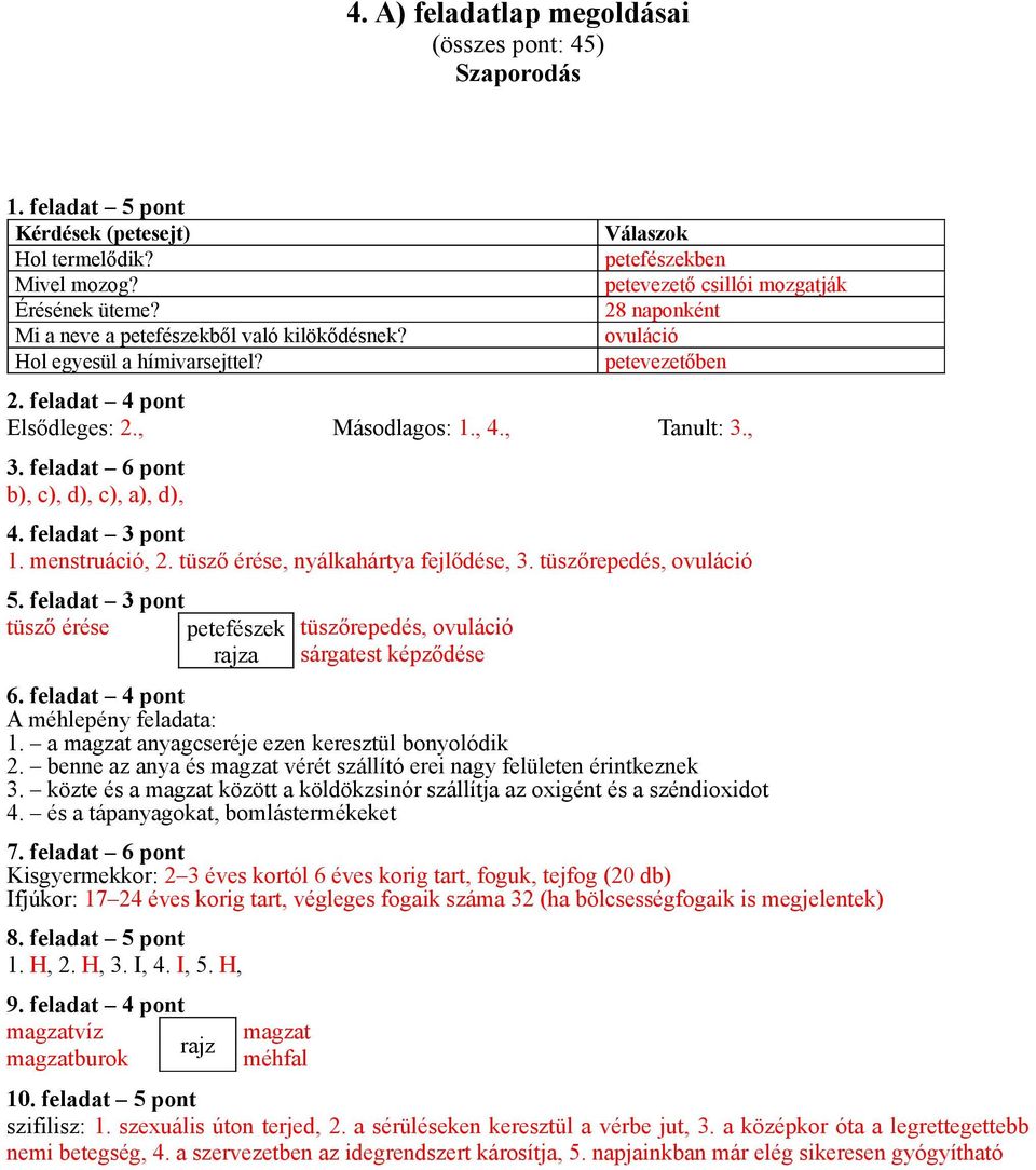 feladat 3 pont 1. menstruáció, 2. tüsző érése, nyálkahártya fejlődése, 3. tüszőrepedés, ovuláció 5. feladat 3 pont tüsző érése petefészek rajza tüszőrepedés, ovuláció sárgatest képződése 6.