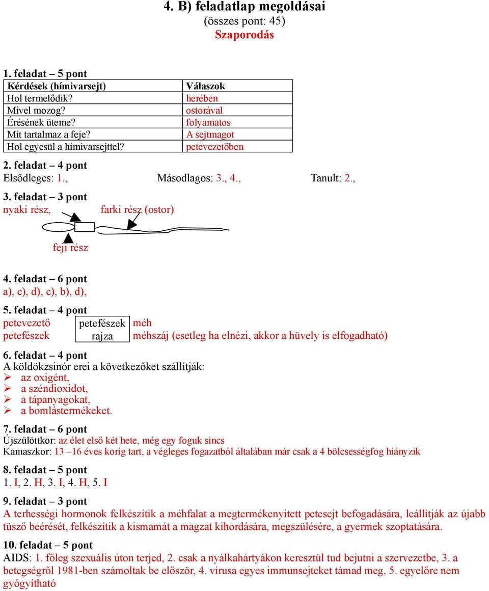 feladat 6 pont a), c), d), c), b), d), 5. feladat 4 pont petevezető petefészek petefészek rajza 6.