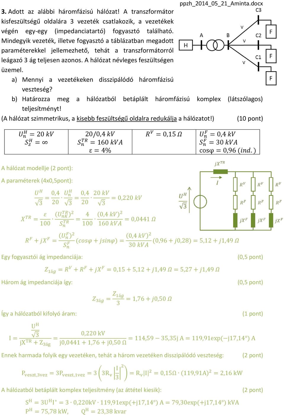 a) Mennyi a vezetékeken disszipálódó háromfázisú veszteség? b) Határozza meg a hálózatból betáplált háromfázisú komplex (látszólagos) teljesítményt!
