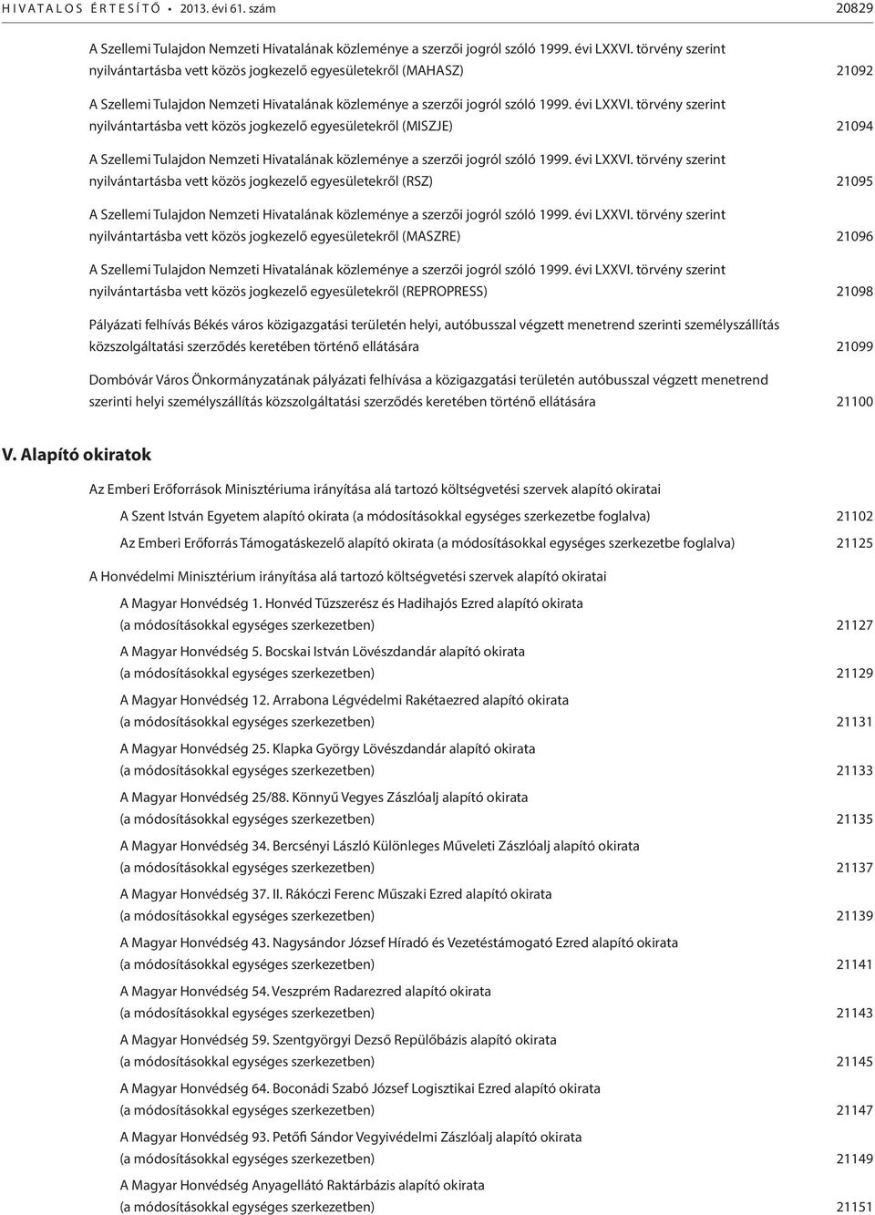 törvény szerint nyilvántartásba vett közös jogkezelő egyesületekről (MISZJE) 21094 A Szellemi Tulajdon Nemzeti Hivatalának közleménye a szerzői jogról szóló 1999. évi LXXVI.