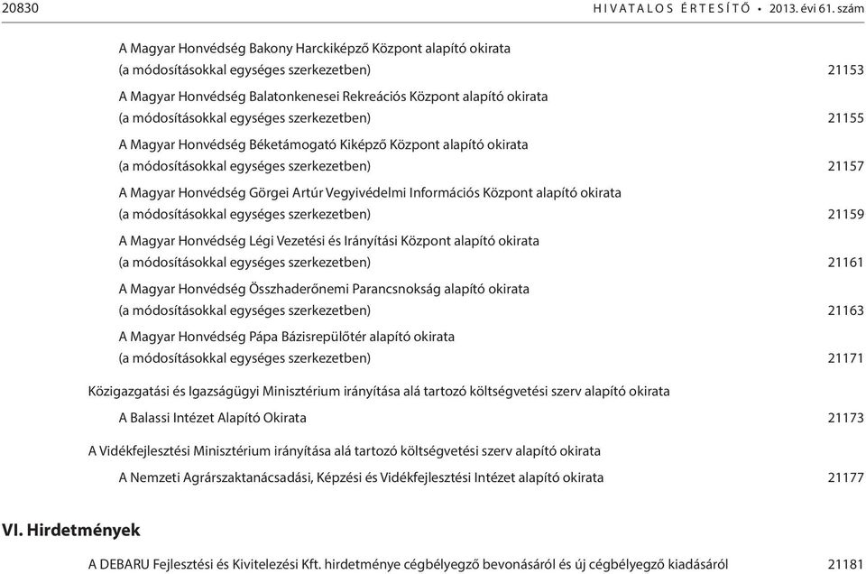 módosításokkal egységes szerkezetben) 21155 A Magyar Honvédség Béketámogató Kiképző Központ alapító okirata (a módosításokkal egységes szerkezetben) 21157 A Magyar Honvédség Görgei Artúr Vegyivédelmi