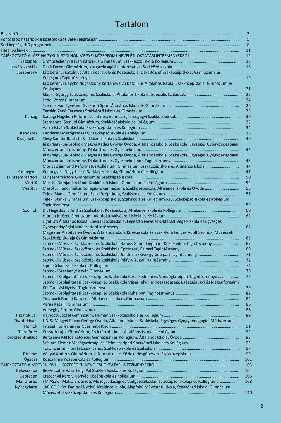 . 12 Jászapáti Gróf Széchenyi István Katolikus Gimnázium, Szakképző Iskola Kollégium 13 Jászárokszállás Deák Ferenc Gimnázium, Közgazdasági és Informatikai Szakközépiskola 16 Jászberény Jászberényi