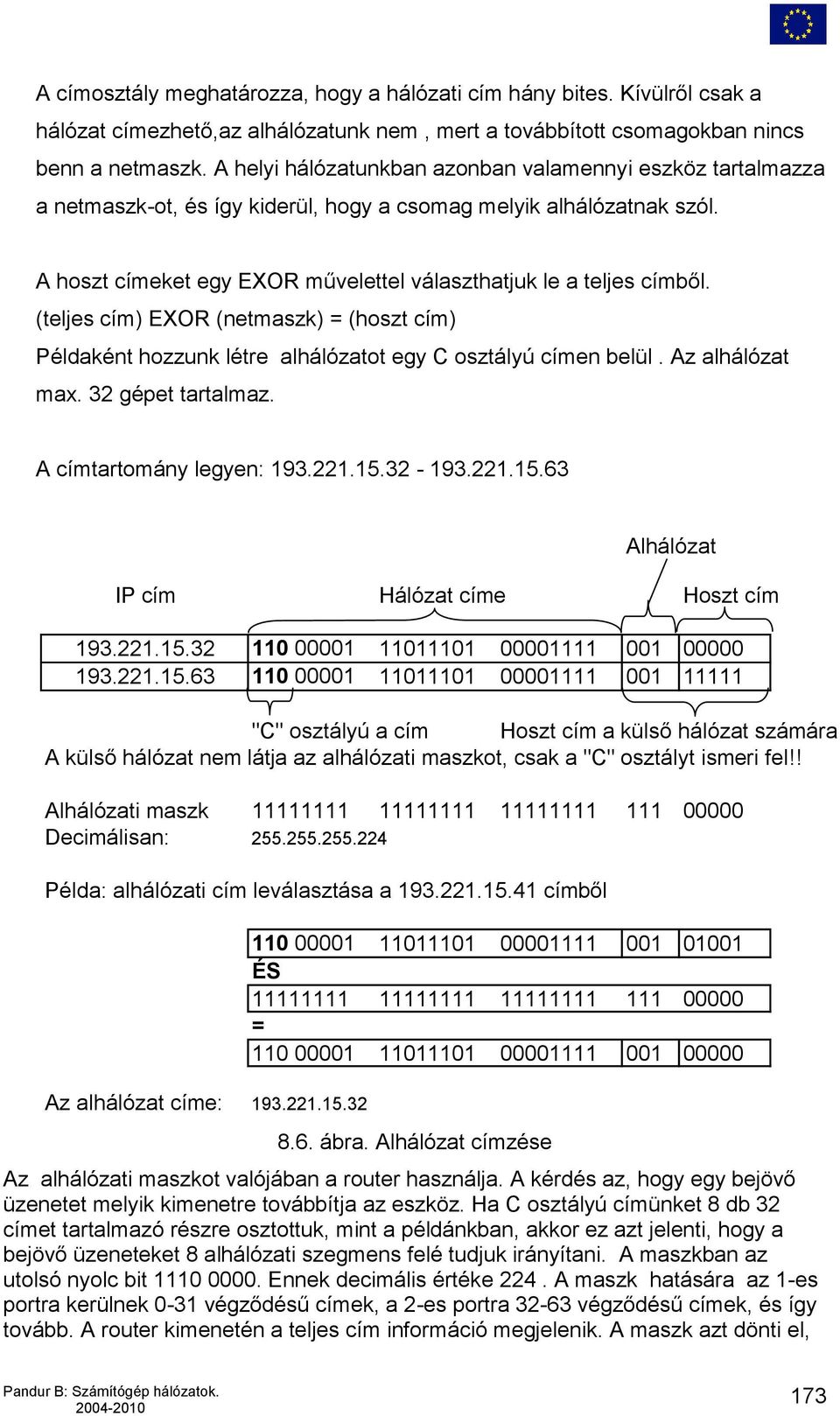 (teljes cím) EXOR (netmaszk) = (hoszt cím) Példaként hozzunk létre alhálózatot egy C osztályú címen belül. Az alhálózat max. 32 gépet tartalmaz. A címtartomány legyen: 193.221.15.