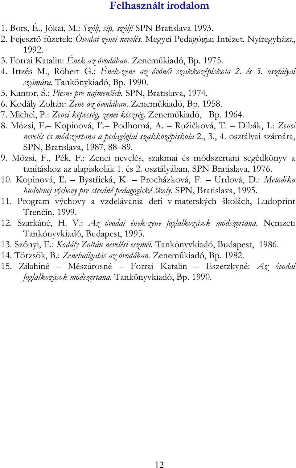 : Piesne pre najmenších. SPN, Bratislava, 1974. 6. Kodály Zoltán: Zene az óvodában. Zeneműkiadó, Bp. 1958. 7. Michel, P.: Zenei képesség, zenei készség. Zeneműkiadó, Bp. 1964. 8. Mózsi, F.