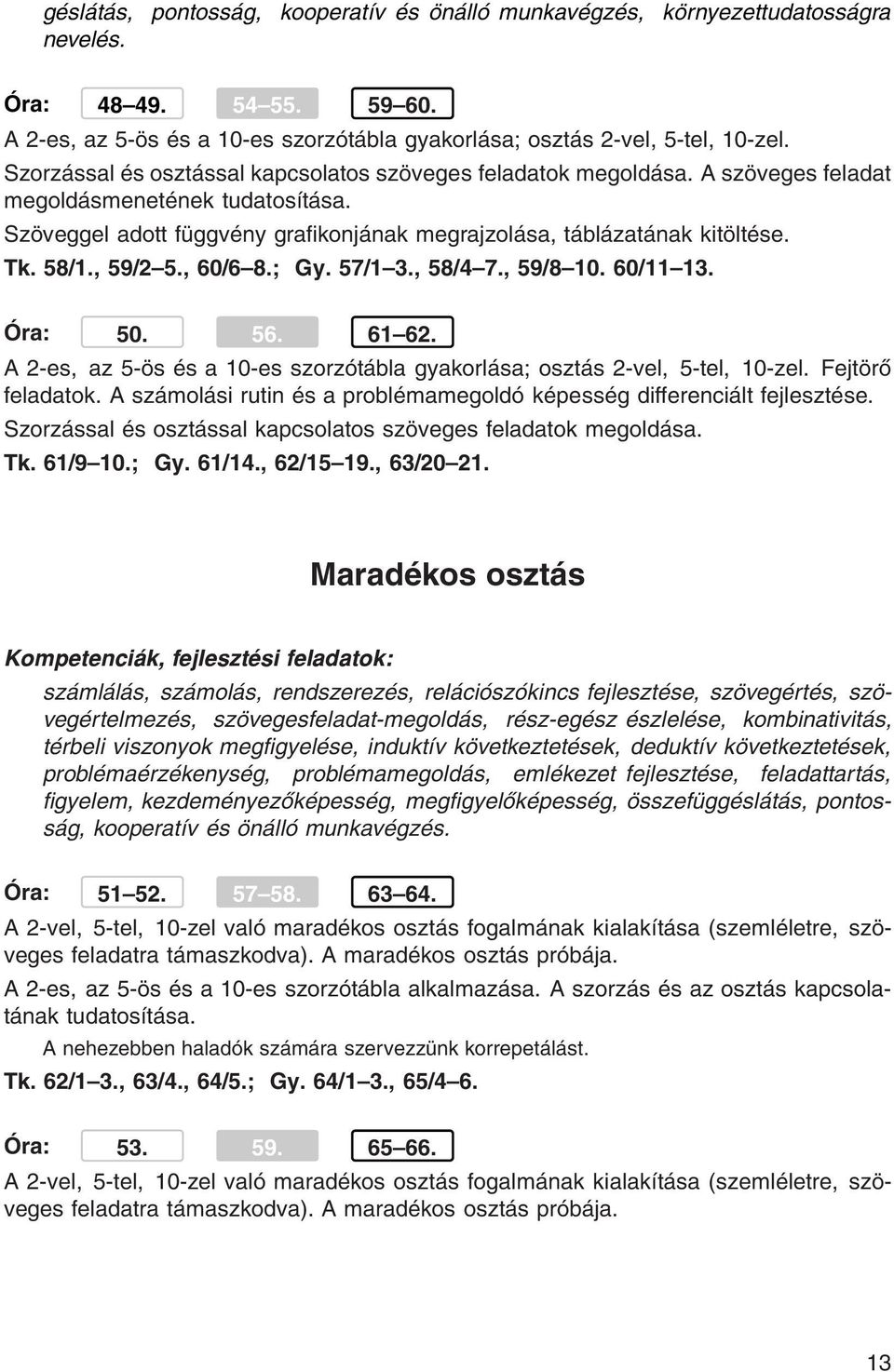 58/1., 59/2 5., 60/6 8.; Gy. 57/1 3., 58/4 7., 59/8 10. 60/11 13. Óra: 50. 56. 61 62. A 2-es, az 5-ös és a 10-es szorzótábla gyakorlása; osztás 2-vel, 5-tel, 10-zel. Fejtörő feladatok.