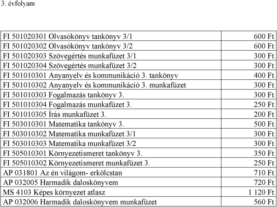 FI 503010301 Matematika tankönyv 3. FI 503010302 Matematika munkafüzet 3/1 FI 503010303 Matematika munkafüzet 3/2 FI 505010301 Környezetismeret tankönyv 3.