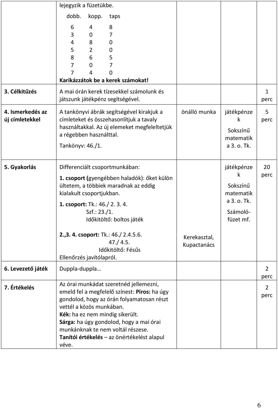 /1. önálló munka játékpénze k Sokszínű matematik a 3. o. Tk. 5 5. Gyakorlás Differenciált csoportmunkában: 1.