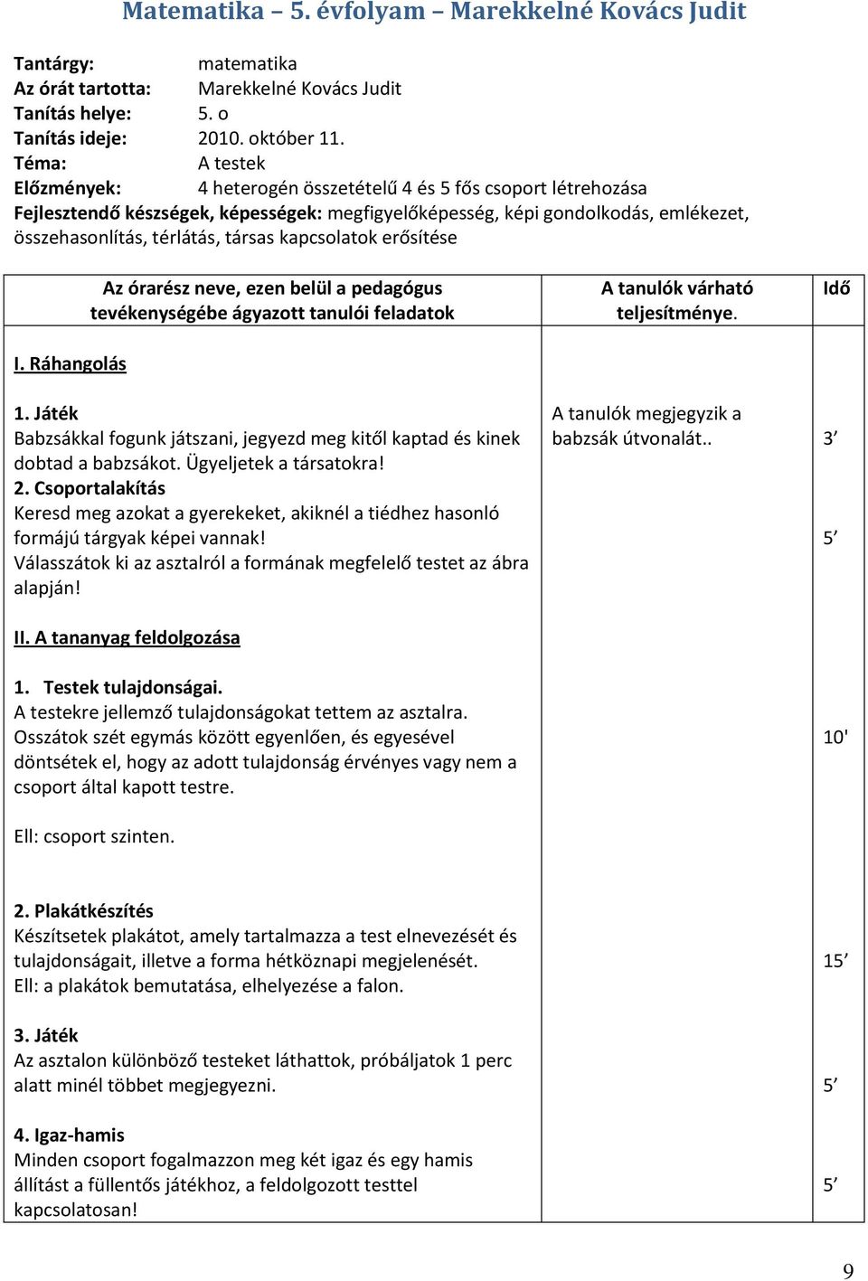 Óratervek, óravázlatok - PDF Ingyenes letöltés