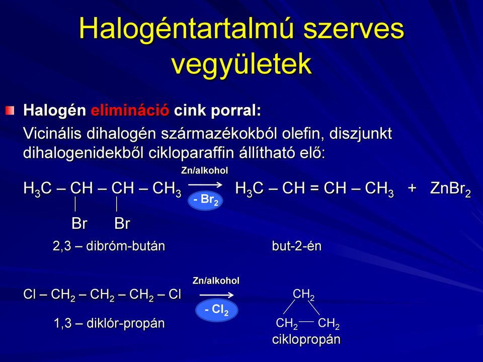 elő: H 3 C CH CH CH 3 H 3 C CH = CH CH 3 + ZnBr 2 Br Br Zn/alkohol - Br 2 2,3